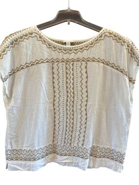 J. Jill White Linen-Blend Tunic with Tan Embroidery